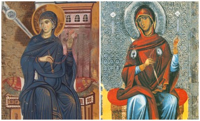 Icons of the Bogorodica (Theotokos) shown spinning yarn: L from Mileševo Monastery, 13th Century; R Byzantine icon from Ohrid, 12th Century