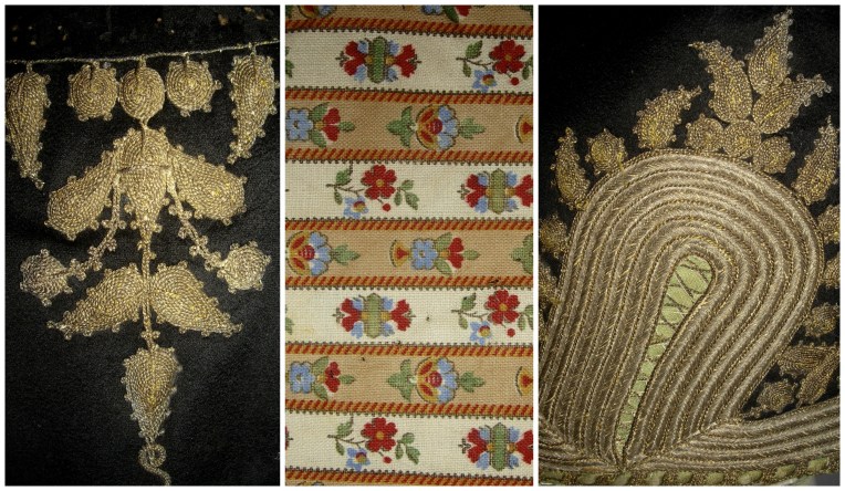 Details of the libade from Niš: L-R, Ornamentation at nape of neck (with marks visible from removal of fur trim; Lining: Satin and gold thread ornament.