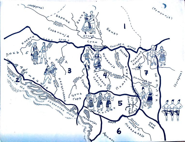 Ethnocultural zones for costumes, based on Cvijić: 1. Pannonian 2. Adriatic 3. Dinaric 4. Morava 5. Šop 6. Kosovo South Morava 7. Vardar