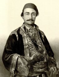 Hajduk Veljko Petrović, rebel leader, in fez, anterija, and jelek. Lithograph by Atanas Jovanović.