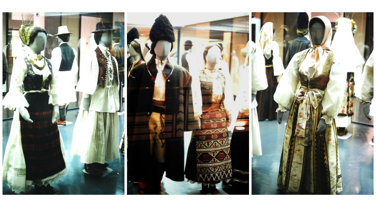 Costumes on display in the Ethnographic Museum of Belgrade (L-R) Bačka costumes, Srem costumes, and Bunjevka costume from northern Bačka