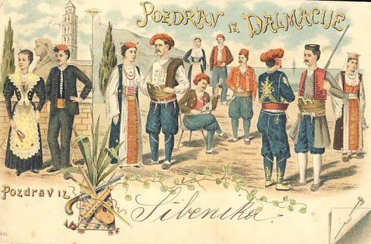 Early 20th century postcard showing the diversity of costumes along the coast and mountains of the Adriatic.